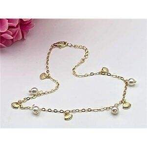 Gold Vermeil Sterling Anklet 10" Dangle Pearl Clam Shell Charm 925 FZN China